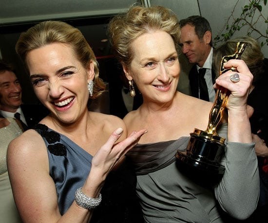 The 92nd Academy Awards airs this month, but which actress has won the most statues? Here, Meryl Streep jokes with Kate Winslet at the 2018 Oscars. Photo: @merylstreep/Instagram