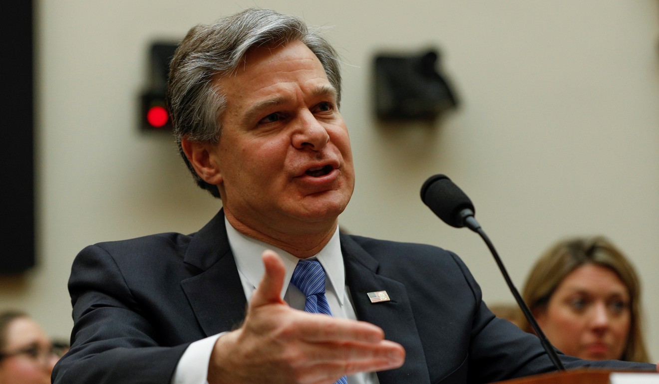FBI Director Christopher Wray (shown on Tuesday) spoke along with Attorney General William Barr and called the Chinese threat “diverse and multilayered”. Photo: Reuters