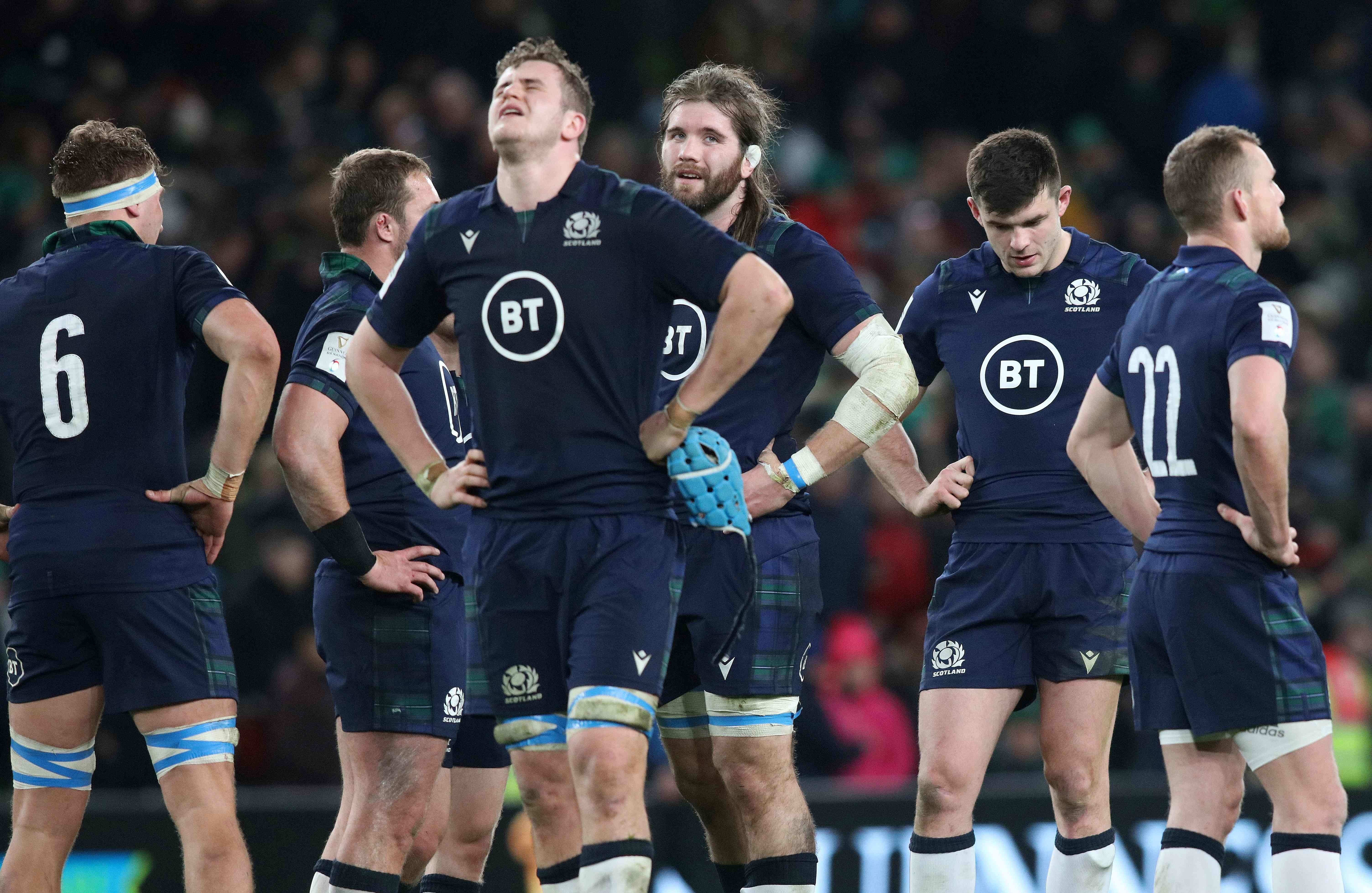 Scotland players react at the final whistle after the Six Nations loss to Ireland in Dublin last week. Photo: AFP