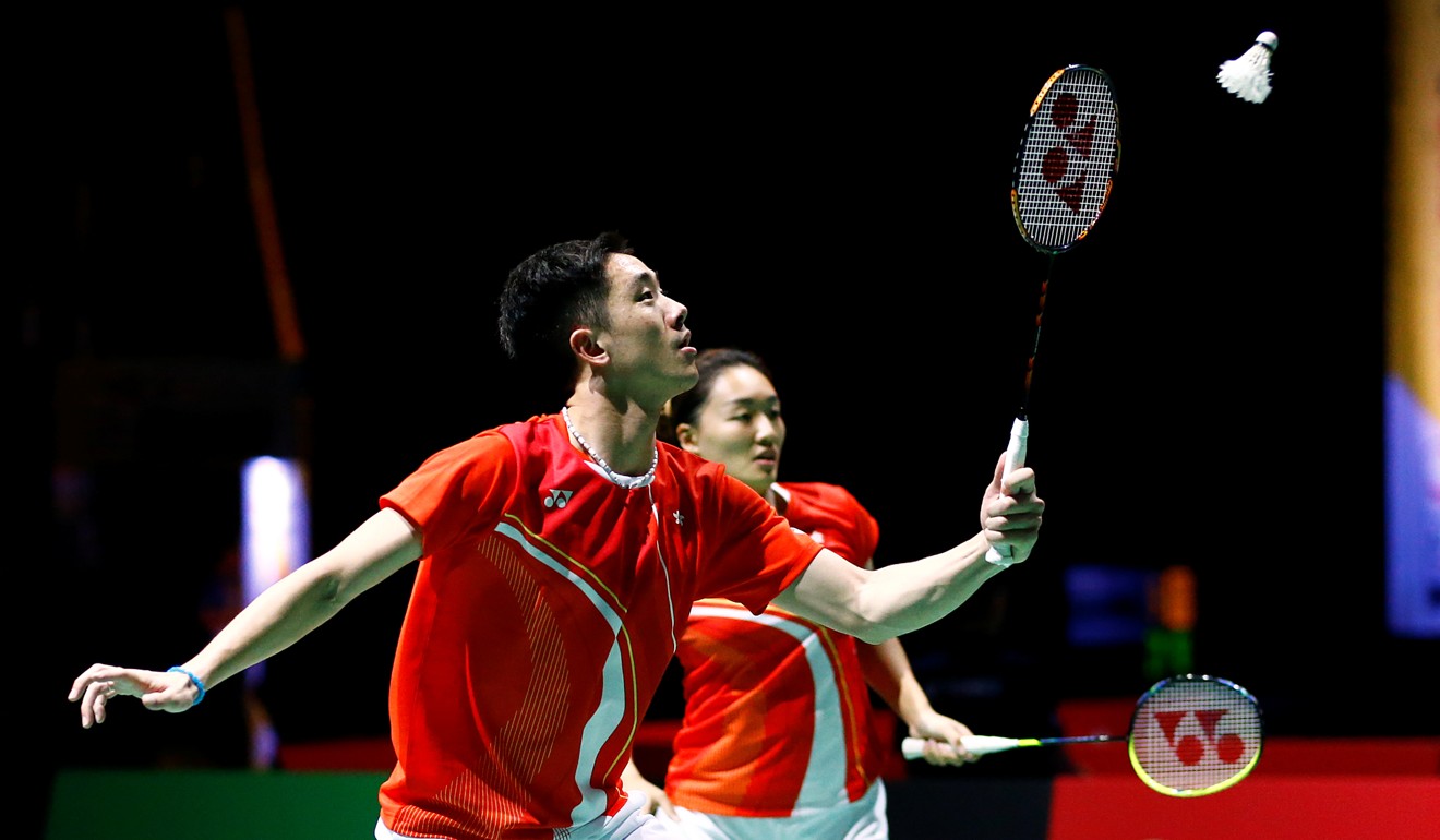 Hong Kong's Tang Chun-man (front) and Tse Ying-suet in action during their third-round mixed doubles match against England's Lauren Smith and Marcus Ellis at the 2019 World Championships. Photo: Reuters