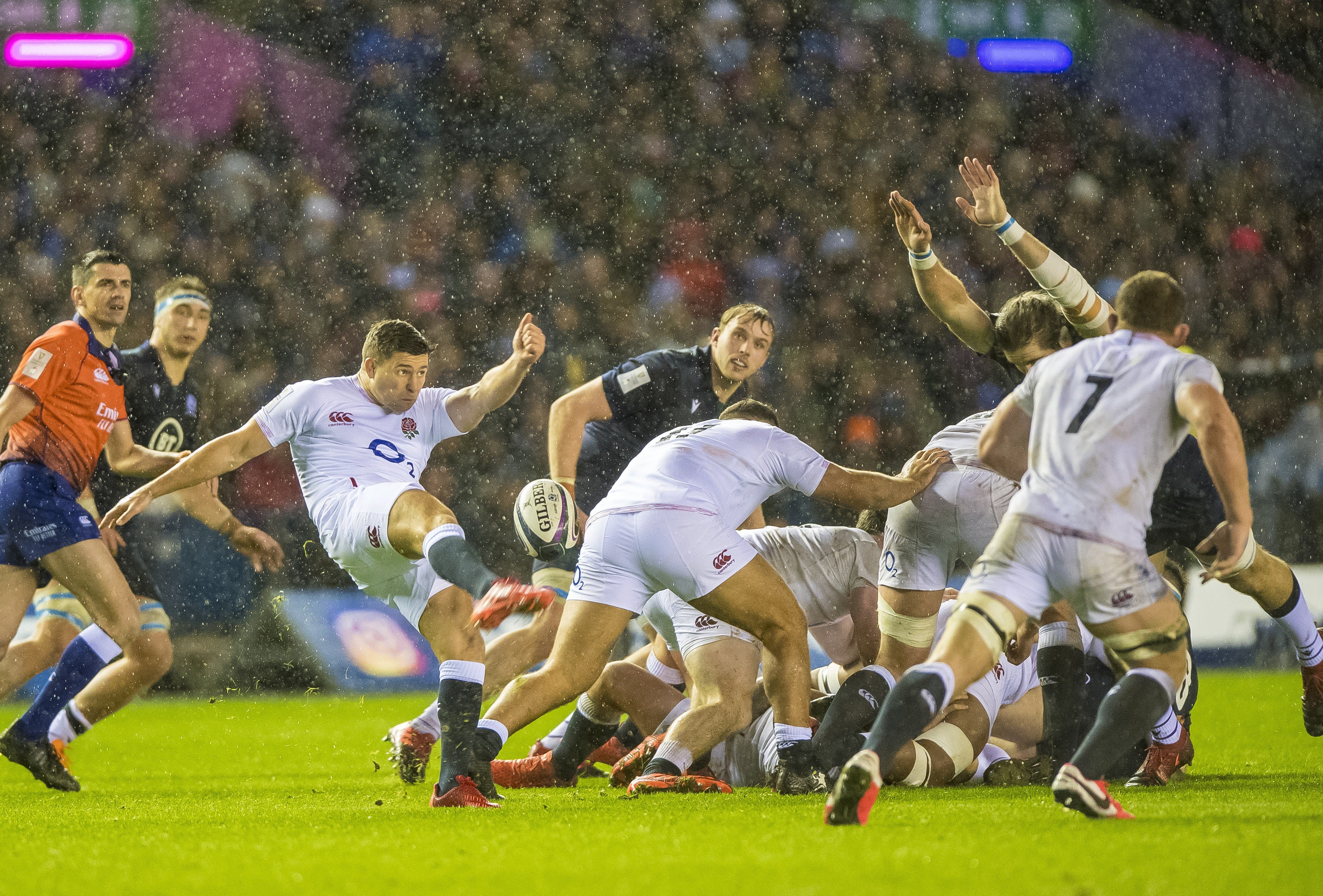 England's Ben Youngs clears with a box kick during the Six Nations match against Scotland. Photo: EPA