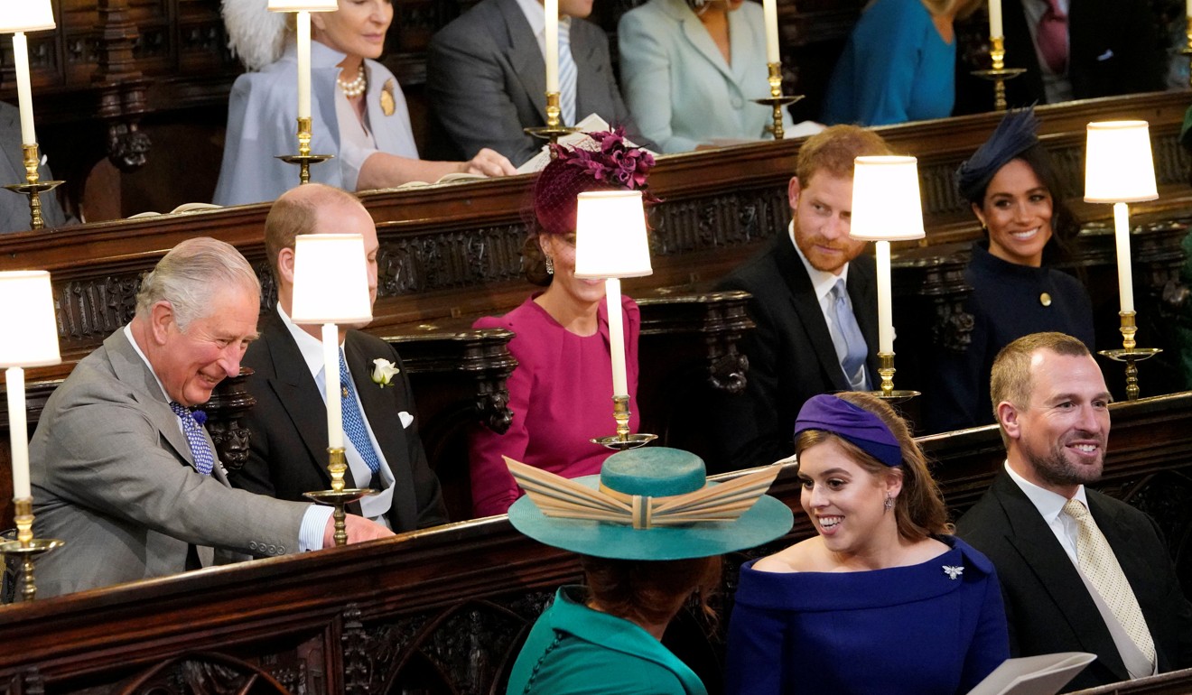 Peter Phillips, bottom right, at the 2018 wedding of Princess Eugenie to Jack Brooksbank. Photo: Reuters