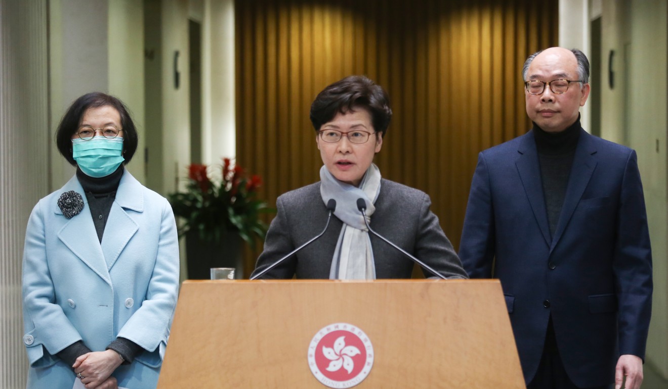 Secretary for Food and Health Sophia Chan, Chief Executive Carrie Lam and Secretary for Transport and Housing Frank Chan give an update on the incident in Tsing Yi. Photo: Jonathan Wong