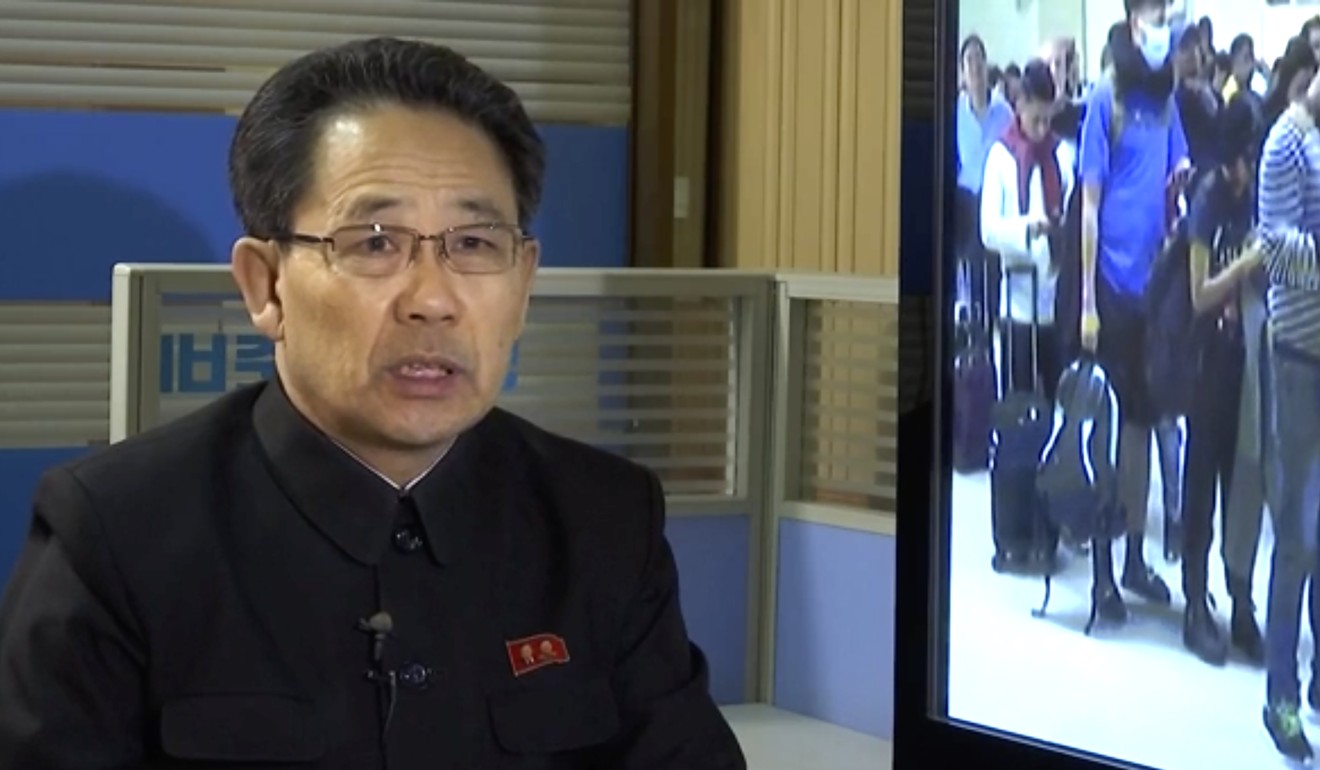 North Korea’s Ministry of Health Director Kim Dong-gun talks about the country’s efforts to contain the spread of the coronavirus. Photo: AP