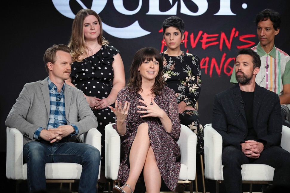 The cast of Mythic Quest: Raven’s Banquet (top, from left) Jessie Ennis, Ashly Burch and Danny Pudi, (bottom, from left) David Hornsby, Megan Ganz and Rob McElhenney in Pasadena, California. Photo: TNS