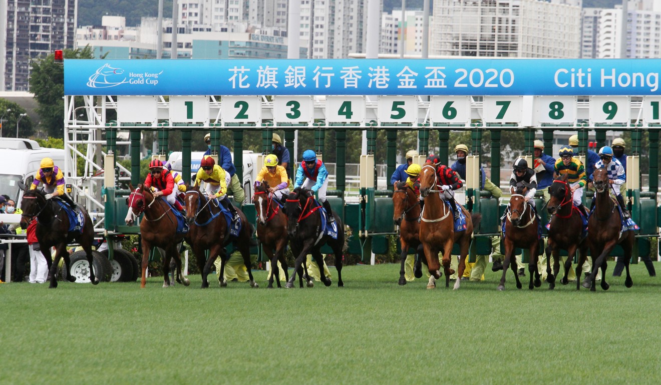 The field jumps in the Group One Hong Kong Gold Cup at Sha Tin on Sunday.