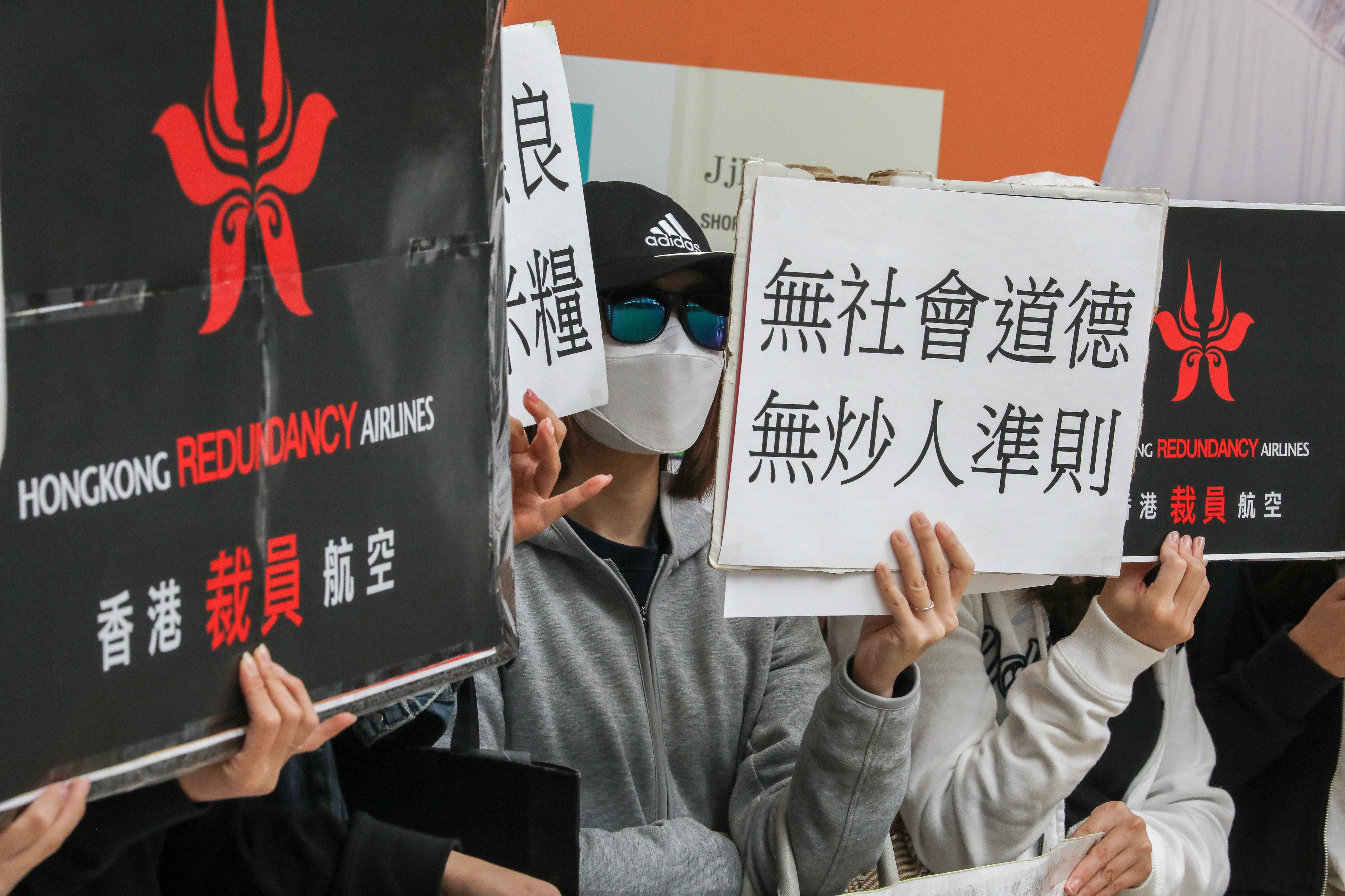 Employees protest outside the office of Hong Kong Airlines on February 19. Photo: Dickson Lee