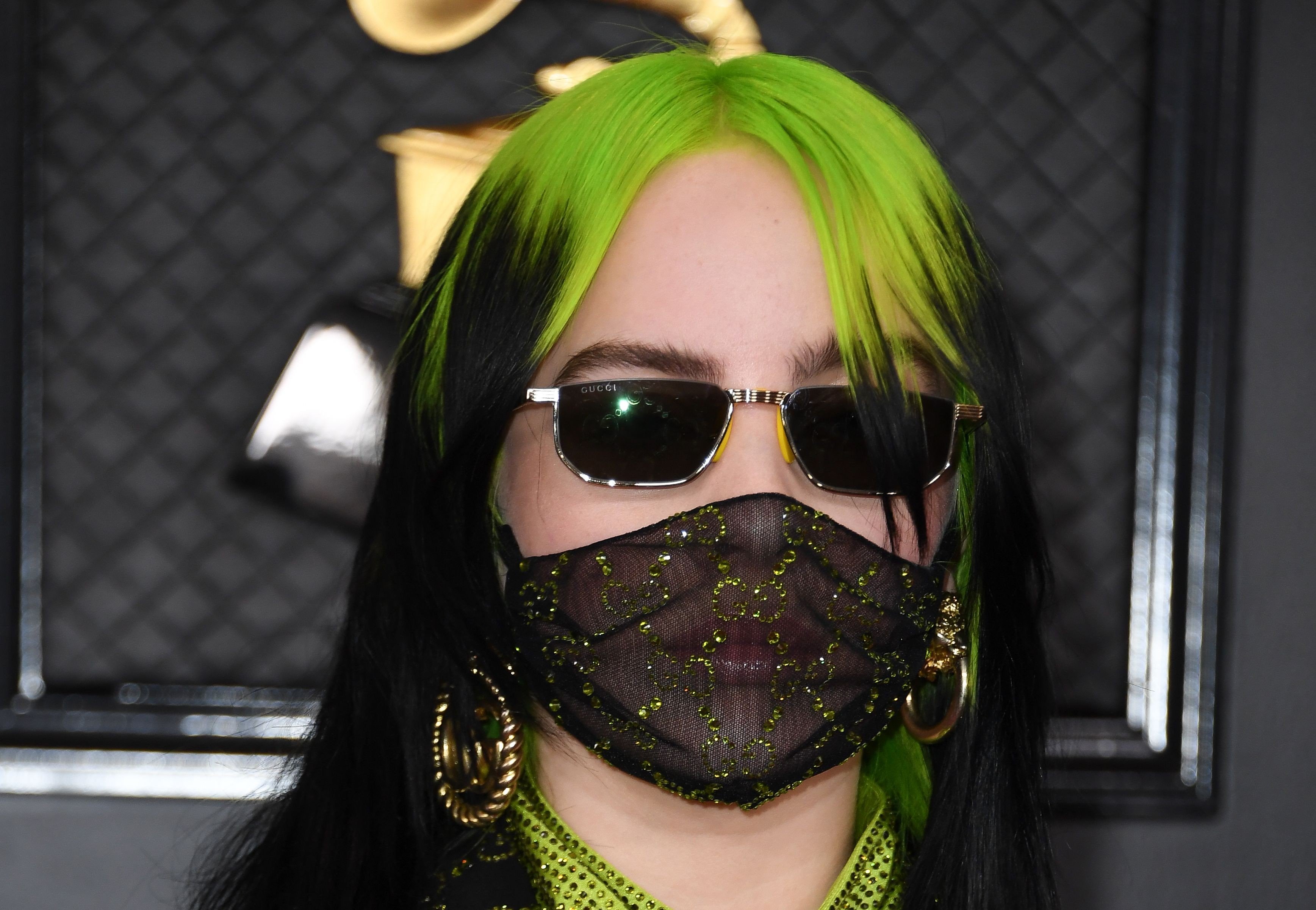 US singer-songwriter Billie Eilish wears a Gucci face mask to this year’s Grammy Awards, in Los Angeles. Photo: AFP