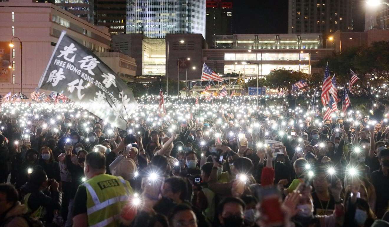 Thousands of protesters gather in Central, Hong Kong in November 2019 to express gratitude to Washington for signing the Hong Kong Human Rights and Democracy Act into law. Photo: SCMP / K. Y. Cheng