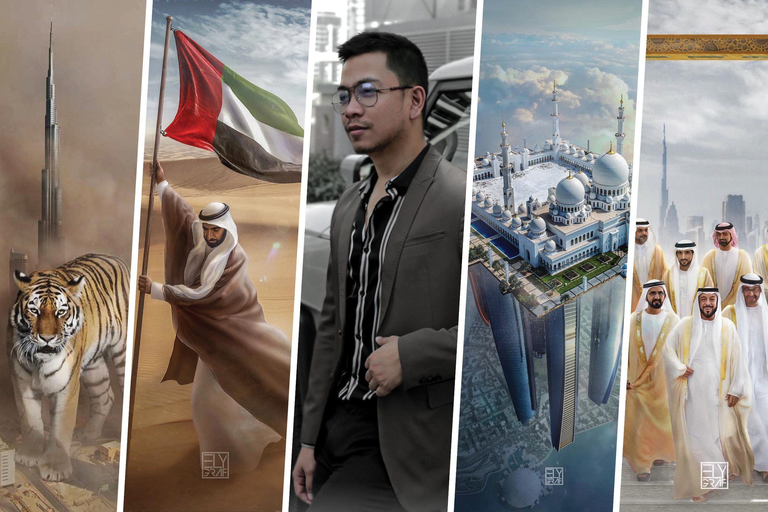 Filipino artist Ely Caluag is known for his UAE-inspired works in both digital and traditional art form. Photo: Instagram and Handout
