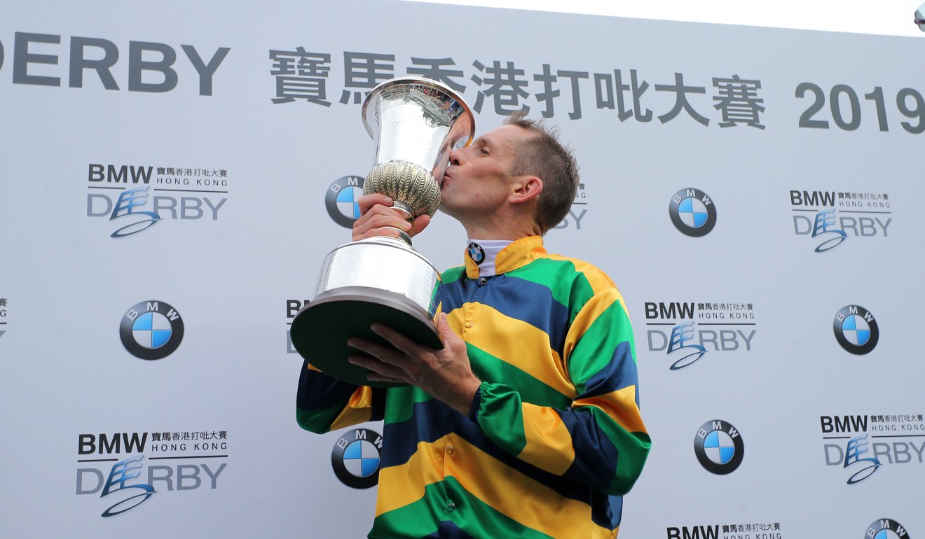 Hugh Bowman celebrates his Derby win on Furore in 2019.