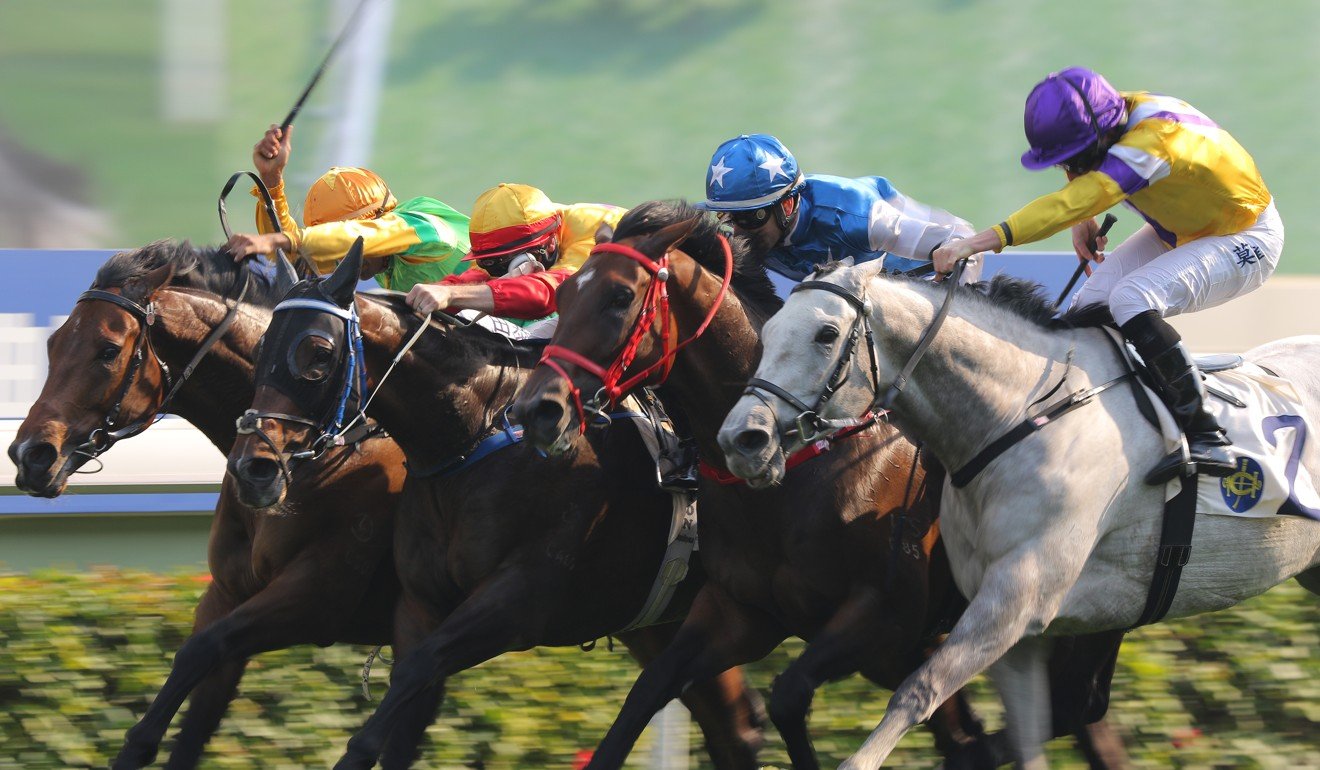 Amazing Beats (inside) gets his head down to win a four-way finish at Sha Tin.