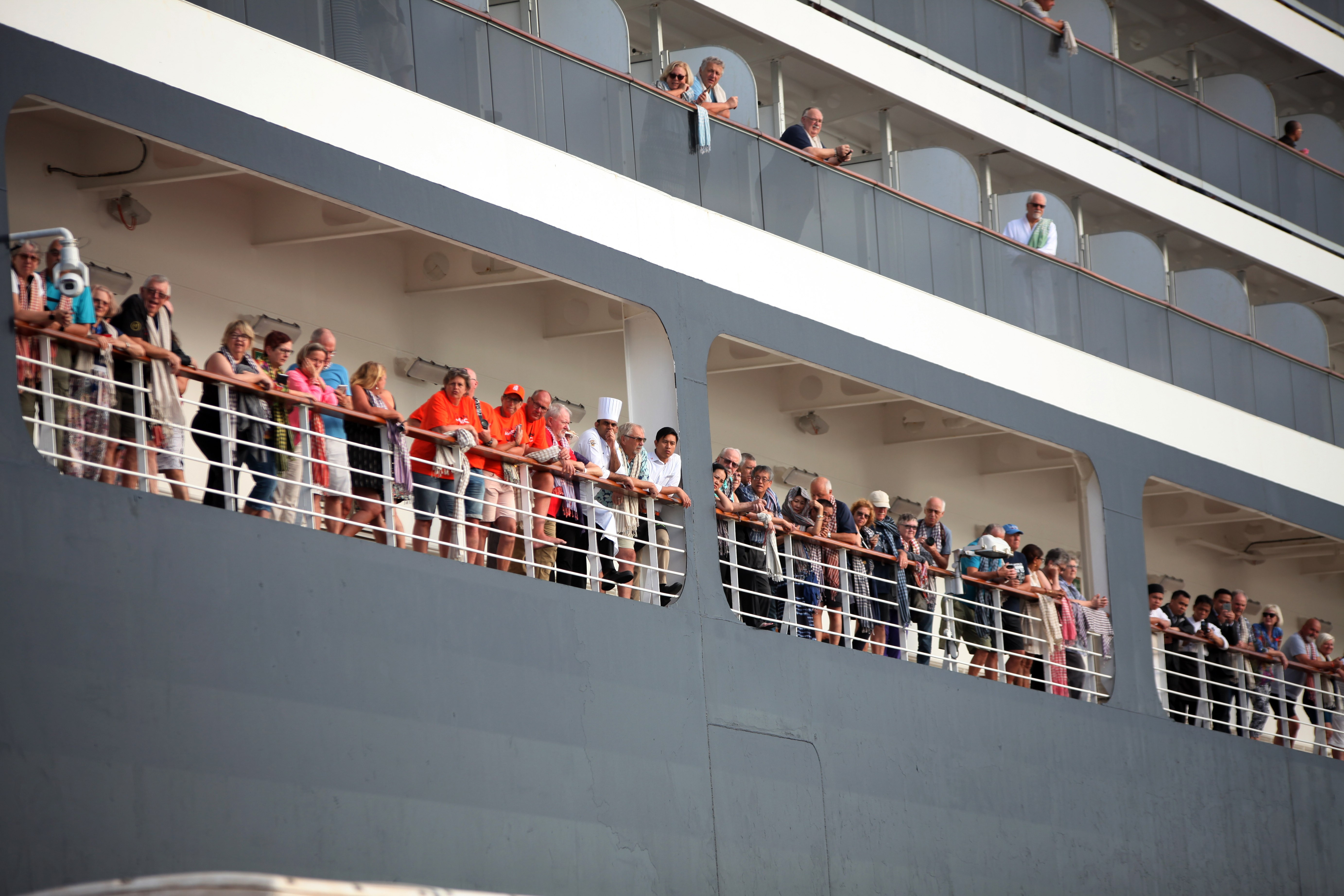 Passengers gather on decks of the Westerdam cruise ship before disembarking on February 14, 2020, in Cambodia. Photo: Xinhua