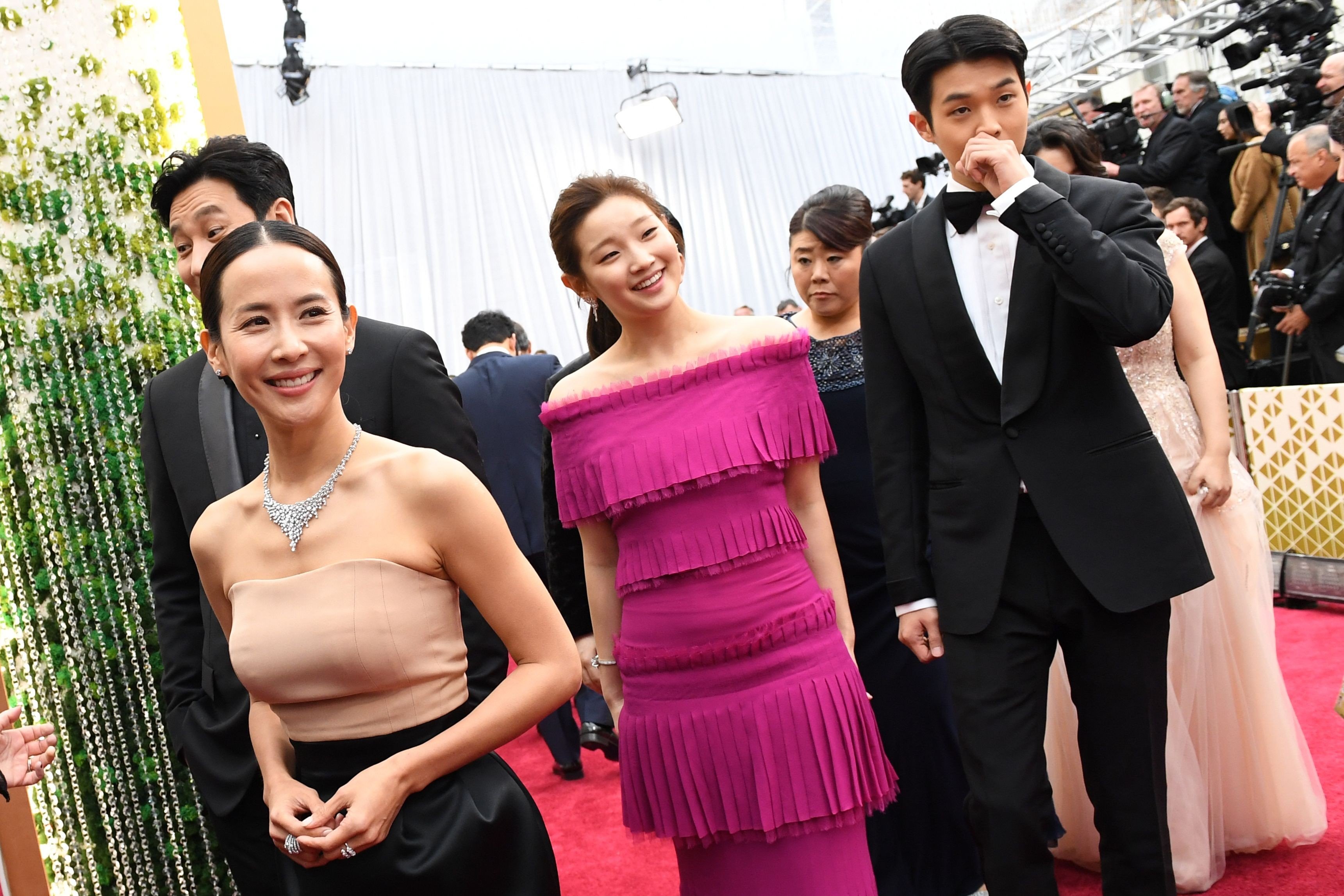 Cho Yeo-jeong, Park So-dam and Choi Woo-shik (L-R), from the cast of South Korea’s Oscar-winning film Parasite, on the red carpet for the 92nd Oscars at the Dolby Theatre in Hollywood on February 9. Photo: AFP