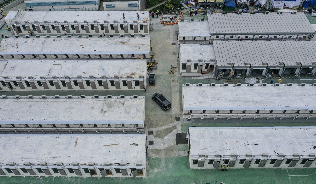 Construction of prefabs at Lei Yue Mun Park and Holiday Village, which will be a quarantine site to isolate coronavirus patients. Photo: Sam Tsang