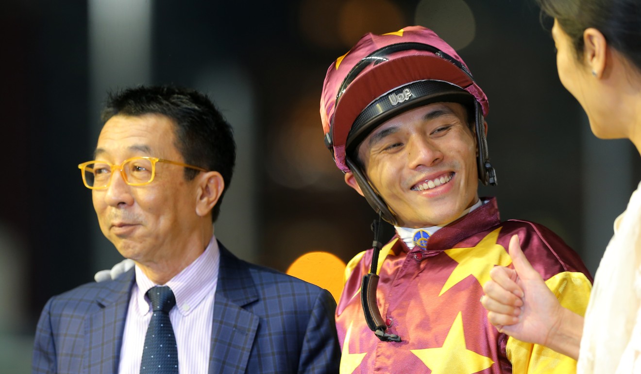 Alfred Chan enjoys a win with trainer Me Tsui and Very Sweet Orange’s connections.