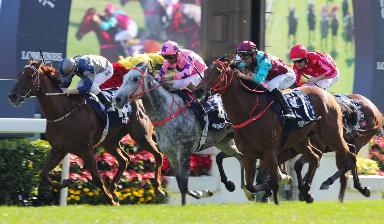 Aethero (inside) is narrowly beaten in the Hong Kong Sprint in December.