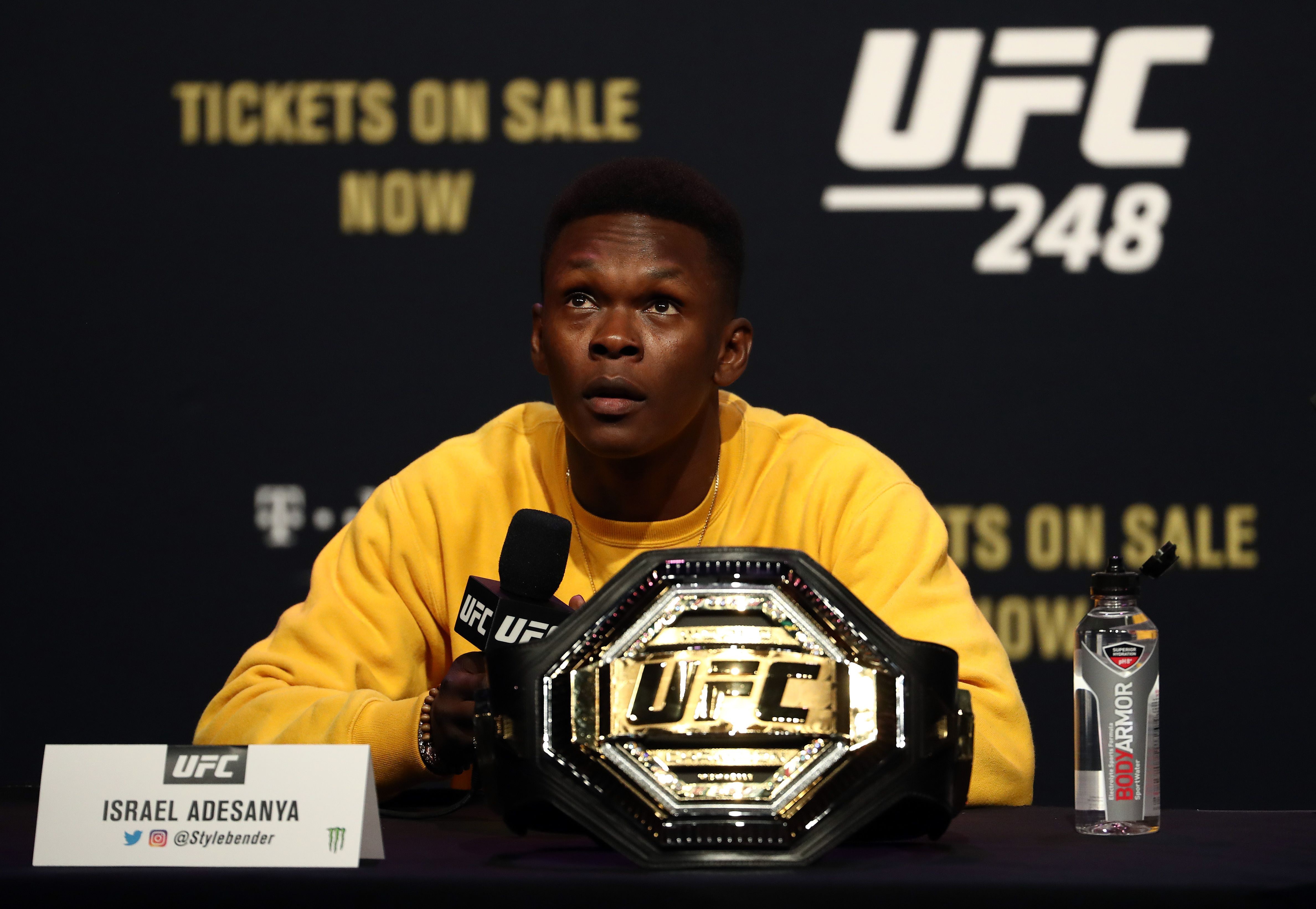 Israel Adesanya talks during a press conference for UFC 248. Photo: AFP