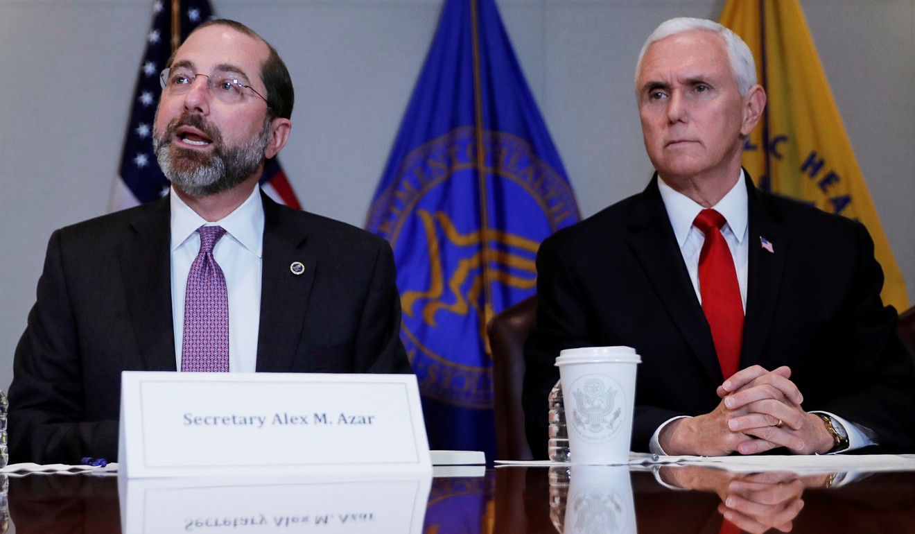 US Health and Human Services Secretary Alex Azar (left) speaks as US Vice-President Mike Pence listens during a coronavirus task force meeting in Washington on Thursday. Photo: Reuters