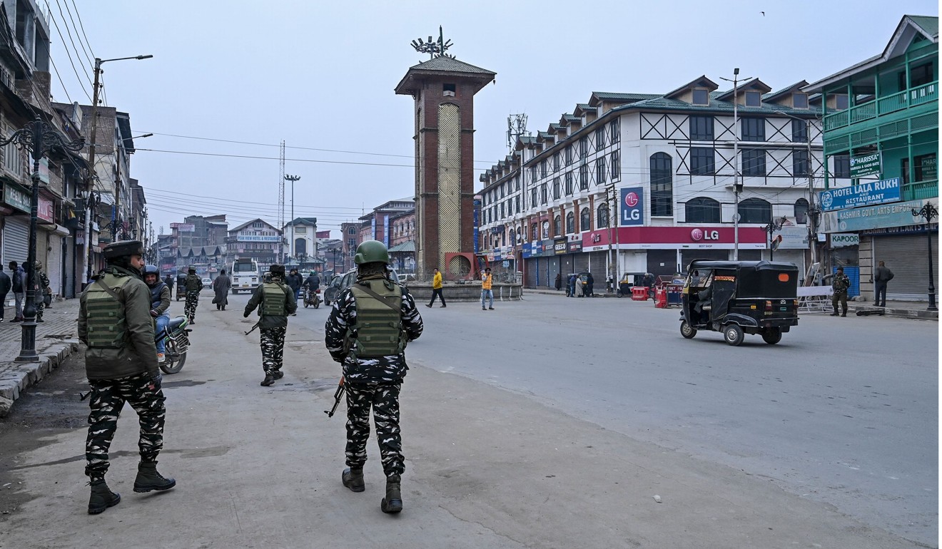 Security personnel patrol the streets of Srinagar. Photo: AFP
