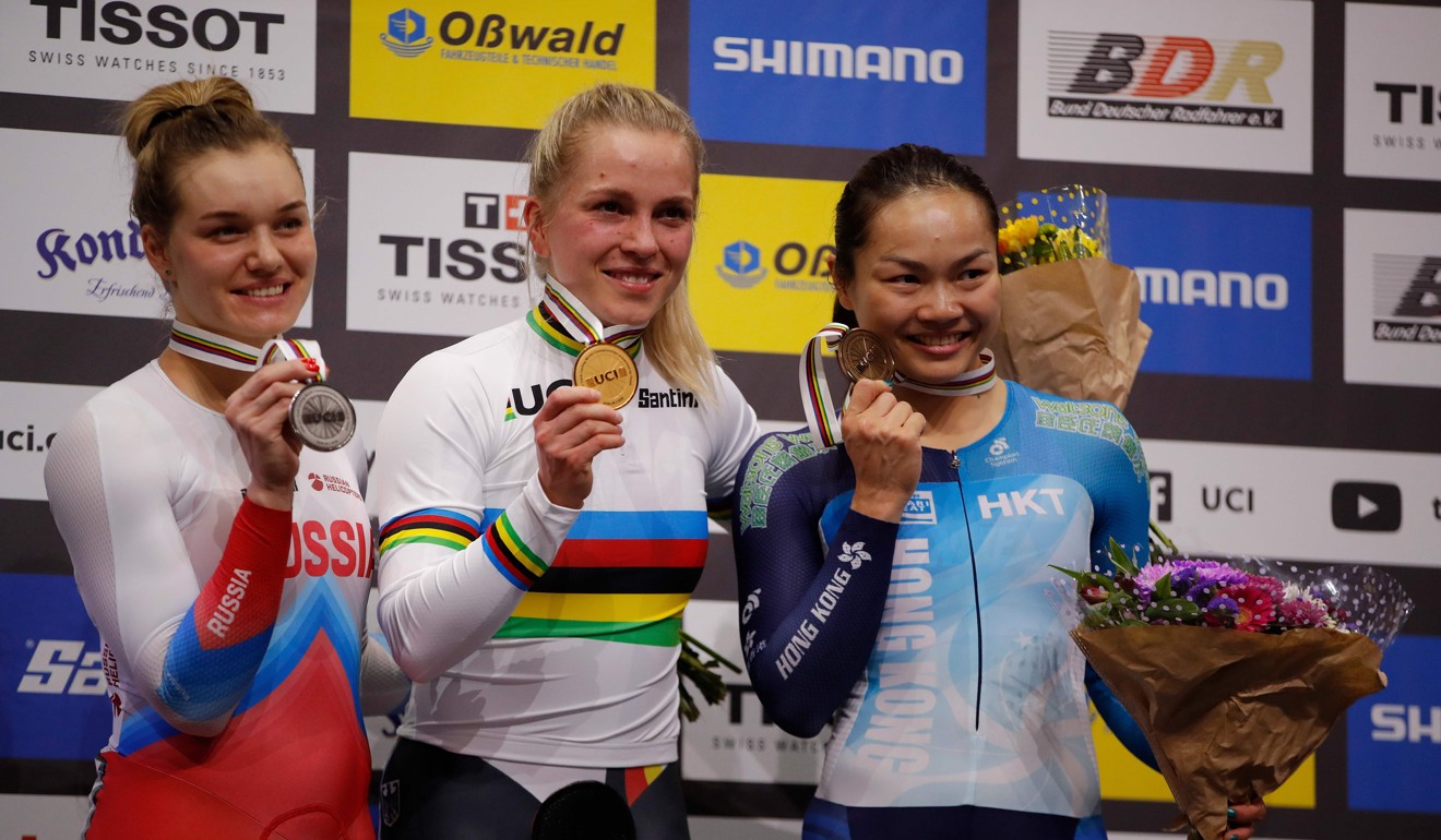 From left: silver medallist Anastasiia Voinova, of Russia, Germany’s gold medallist Emma Hinze and bronze winner Sarah Lee Wai-sze on the podium. Photo: AFP