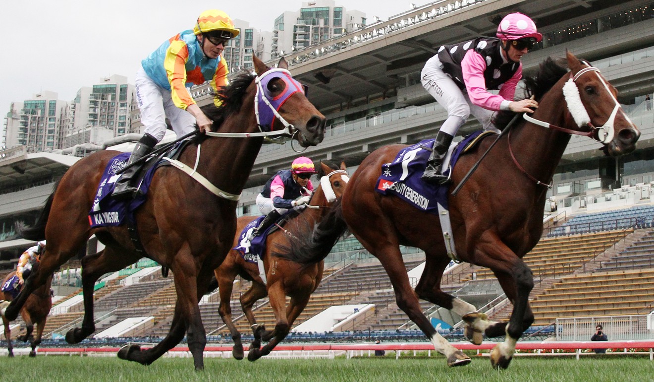 Ka Ying Star (left) runs second to Beauty Generation in the Group One Queen’s Silver Jubilee Cup. Photo: Kenneth Chan