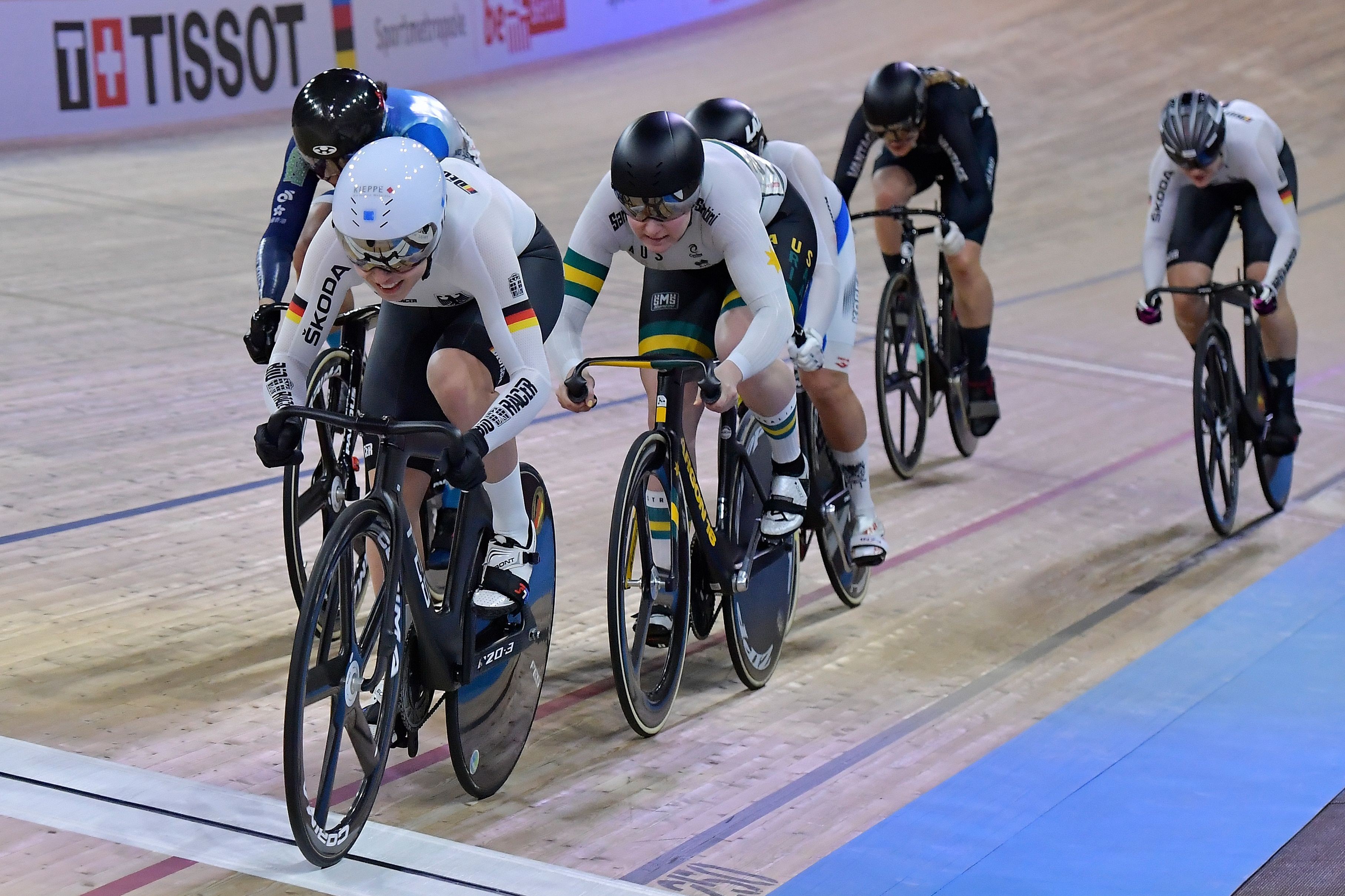 Emma Hinze of Germany wins the women's keirin final at the world championships in Berlin. Defending champion Sarah Lee of Hong Kong (left) manages only fourth. Photo: AFP