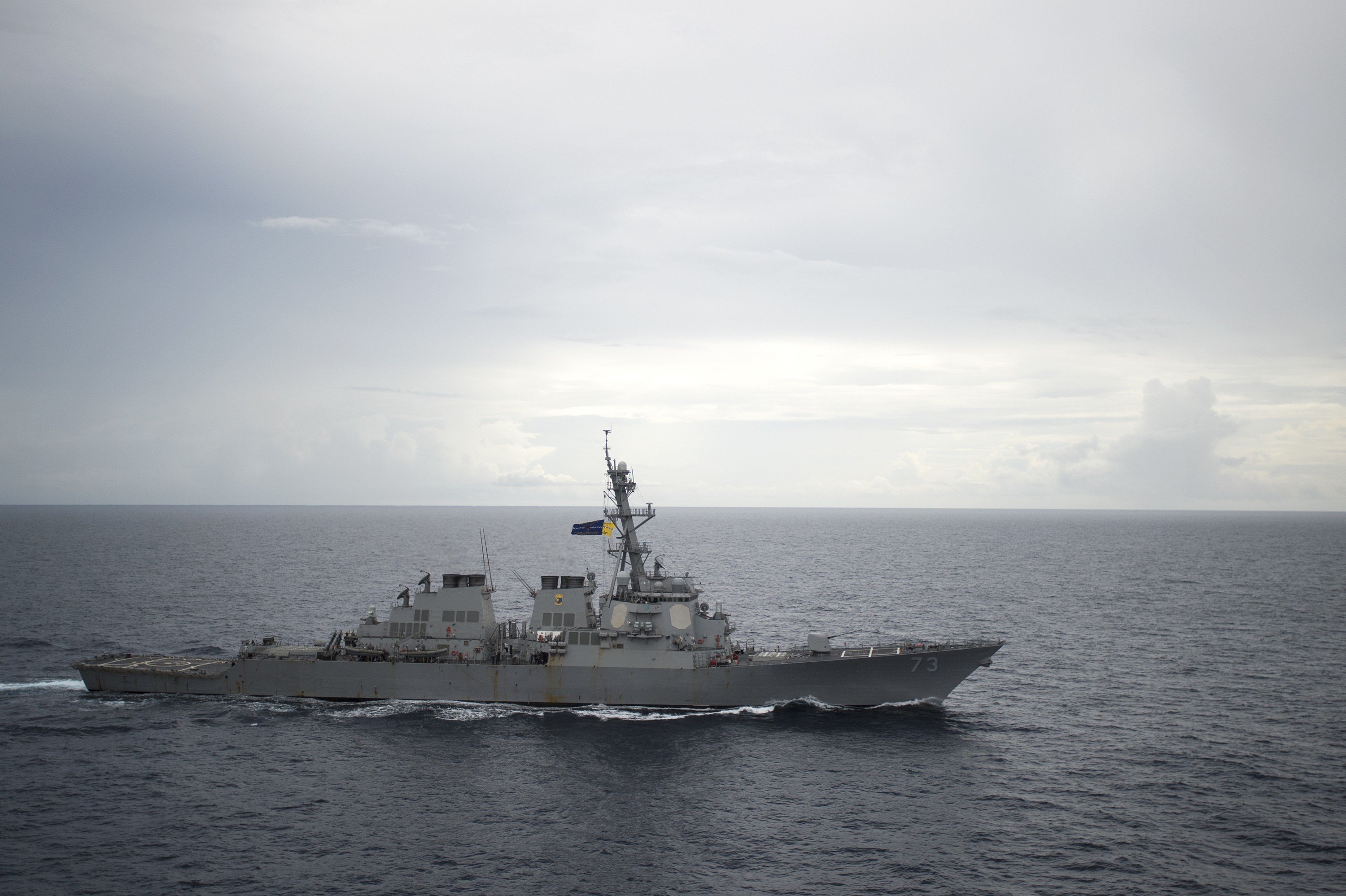 In this October 13, 2016 photo provided by the US Navy, the guided-missile destroyer USS Decatur operates in the South China Sea as part of the Bonhomme Richard Expeditionary Strike Group. Photo: AP