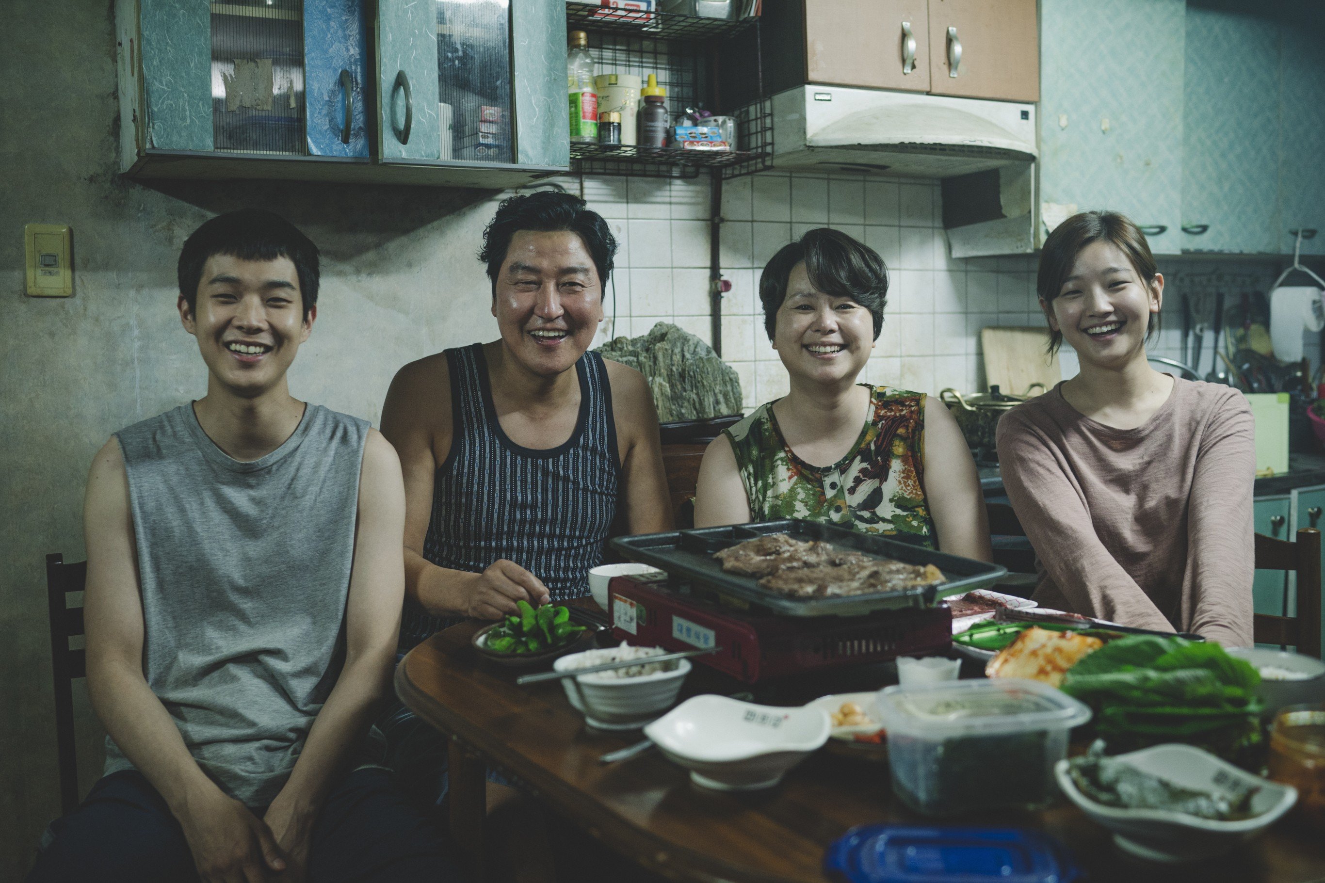 From left: Choi Woo-shik, Song Kang-ho, Chang Hyde-jin and Park So-dam in a still from Parasite. Photo: CJ Entertainment