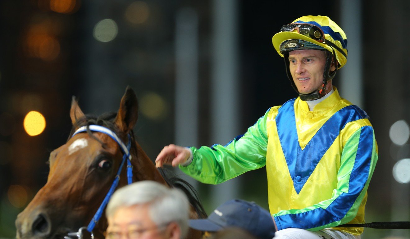 Zac Purton celebrates Tangmere’s victory at Happy Valley.