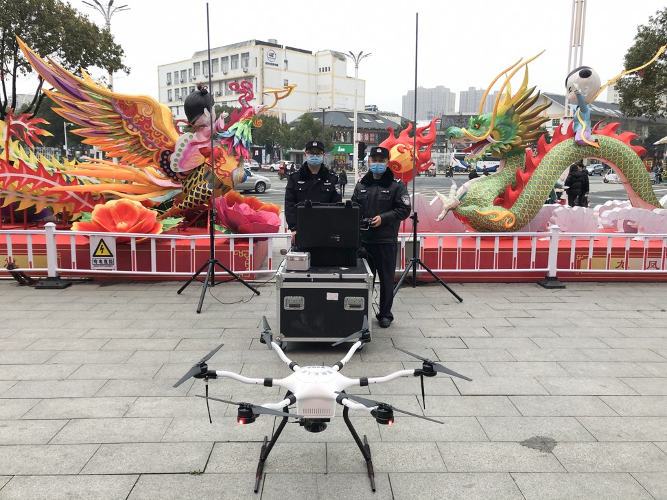 Police in Suqian of Jiangsu province using drones made by Shenzhen Smart Drone UAV to disperse crowds and broadcast public health updates. Photo: Handout
