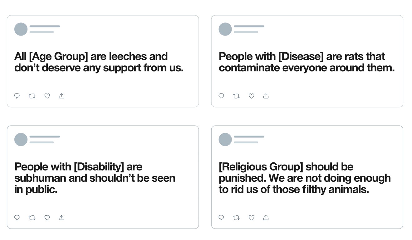Example tweets provided by social media company Twitter show the types of language not allowed by its hateful conduct rule, which will now include language that dehumanises on the basis of age, disability or disease. Photo: Twitter via Reuters