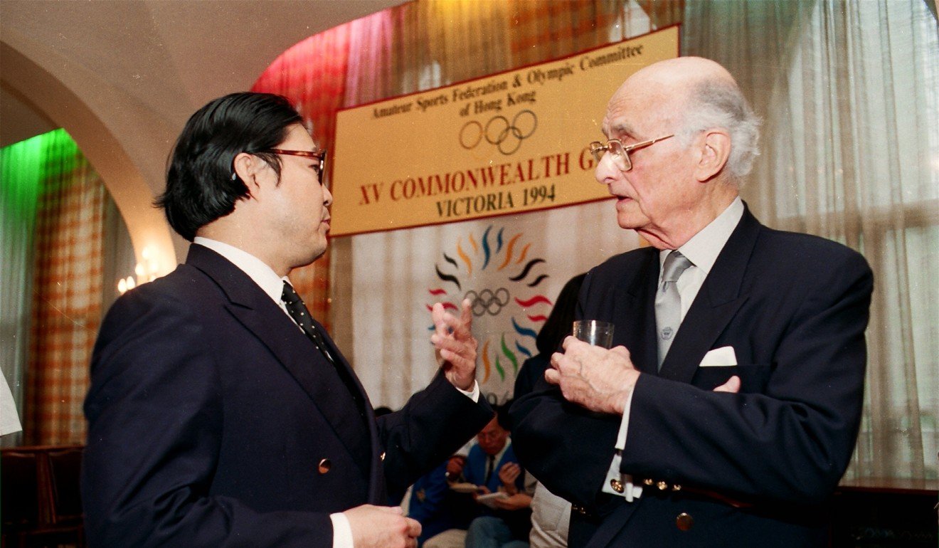 A de O Sales (right) with his eventual successor Timothy Fok at the send-off for the 1994 Commonwealth Games. Photo: SCMP