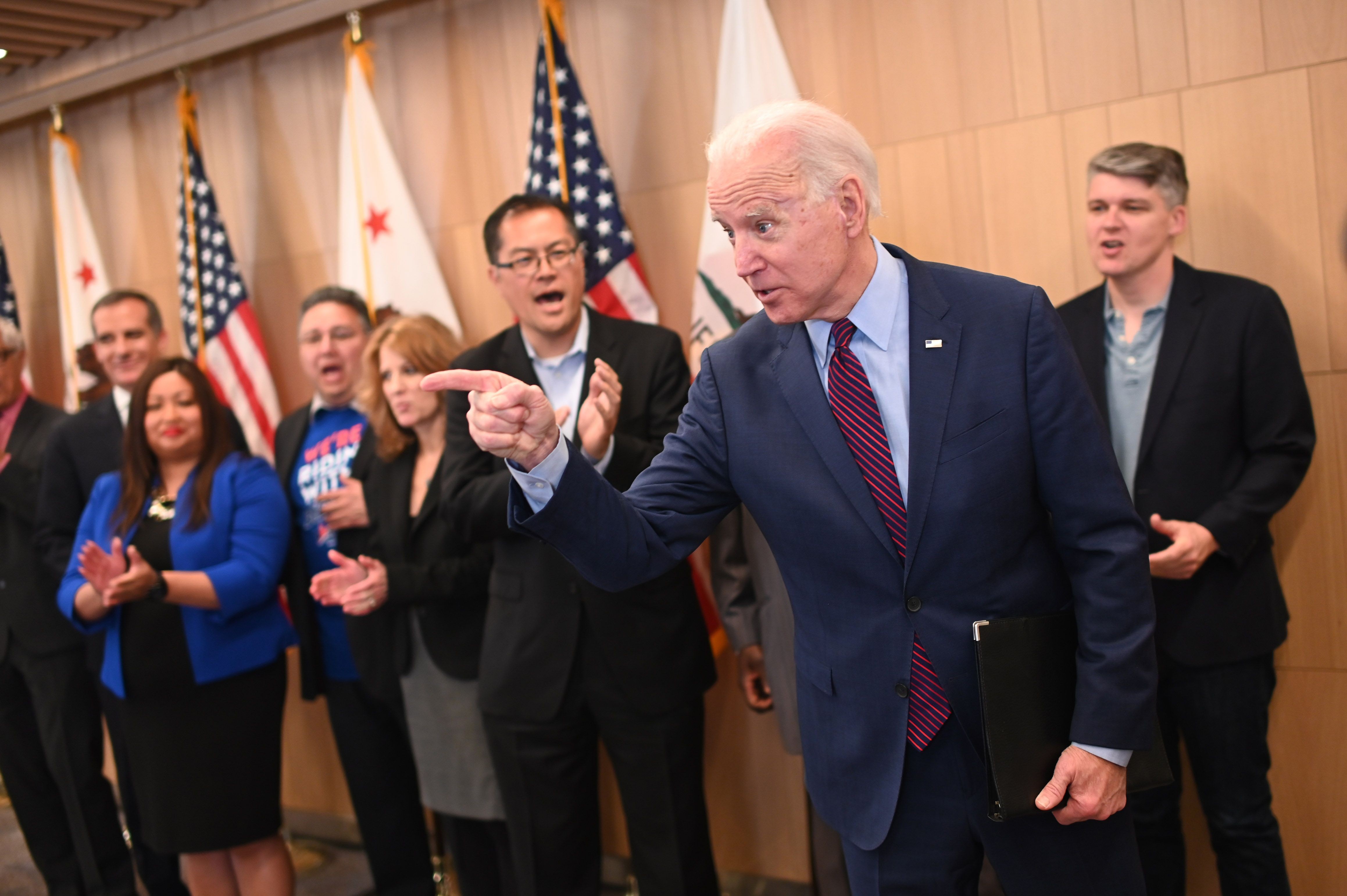 Democratic presidential hopeful Joe Biden answers a question after delivering remarks in Los Angeles, California, on Wednesday. Following his victory in the Super Tuesday primaries, Biden is now the clear front runner in the nomination race, with Bernie Sanders his only viable rival. Photo: AFP