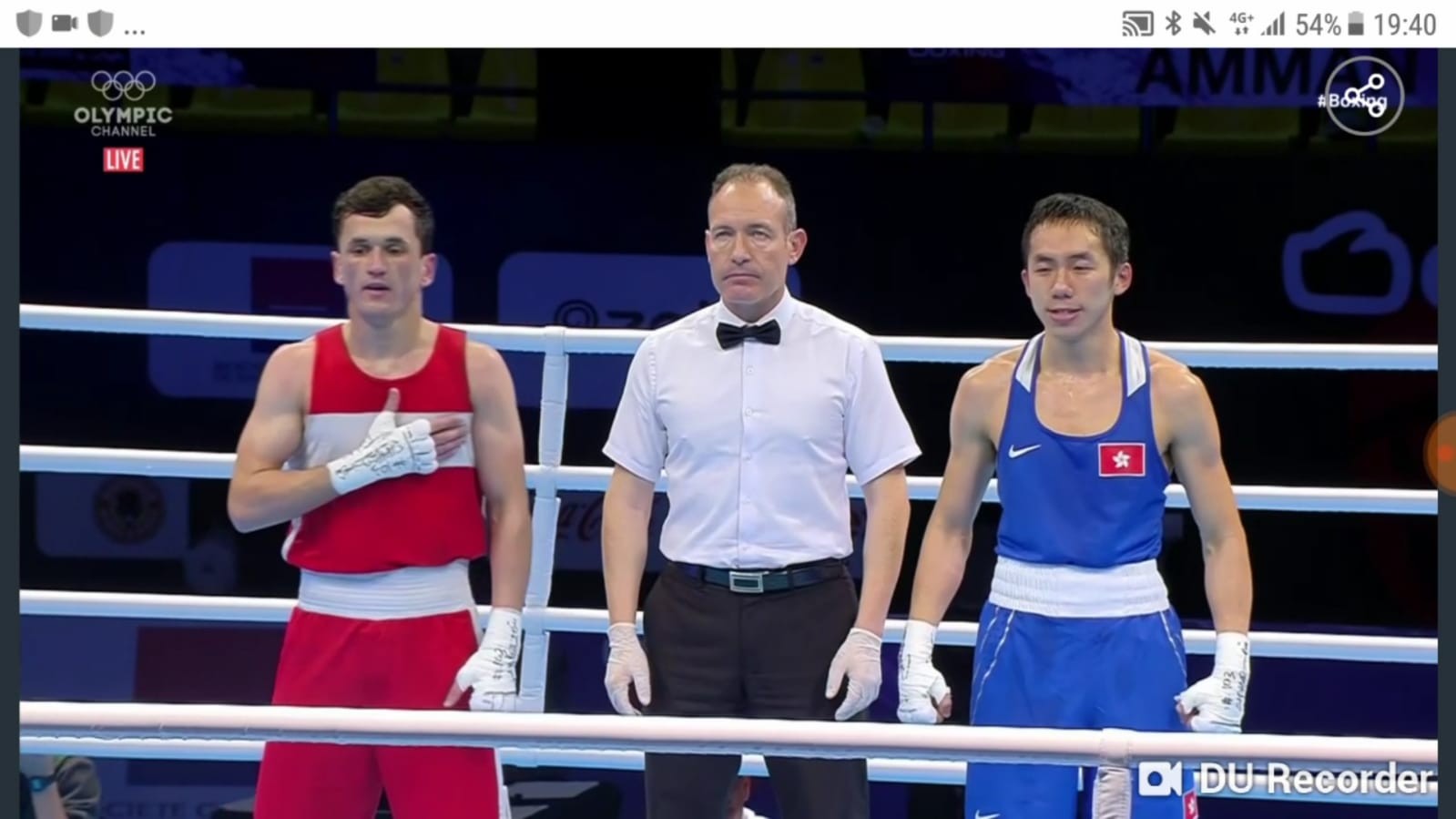 Rex Tso awaits the judges’ decision after his last-16 bout in the featherweight contest at the Asia/Oceania Olympic qualifier in Amman, Jordan. Photo: Olympic Channel