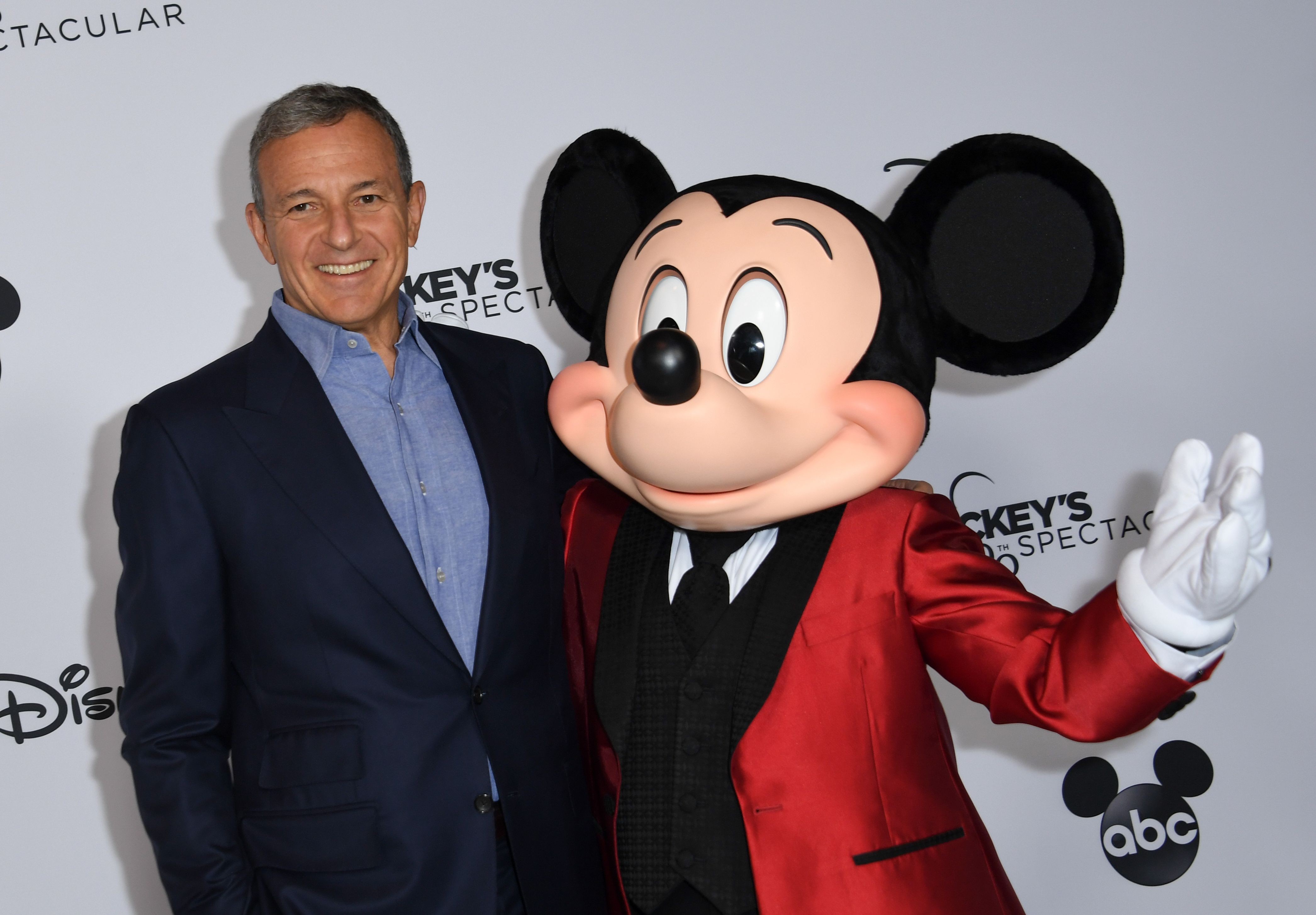 Disney’s Bob Iger and Mickey Mouse at Mickey’s 90th Spectacular at The Shrine Auditorium in Los Angeles in October 2018. Photo: AFP