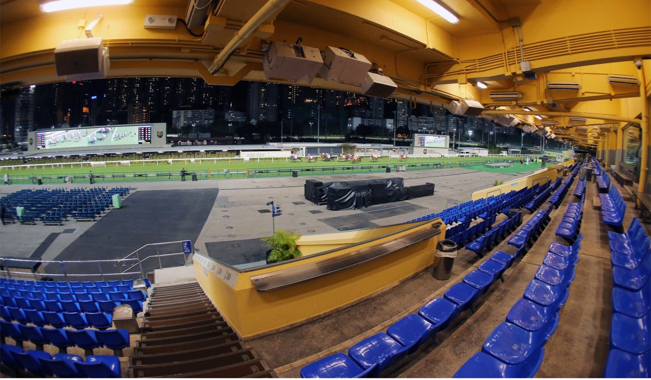 Horses in front of empty stands at Happy Valley.