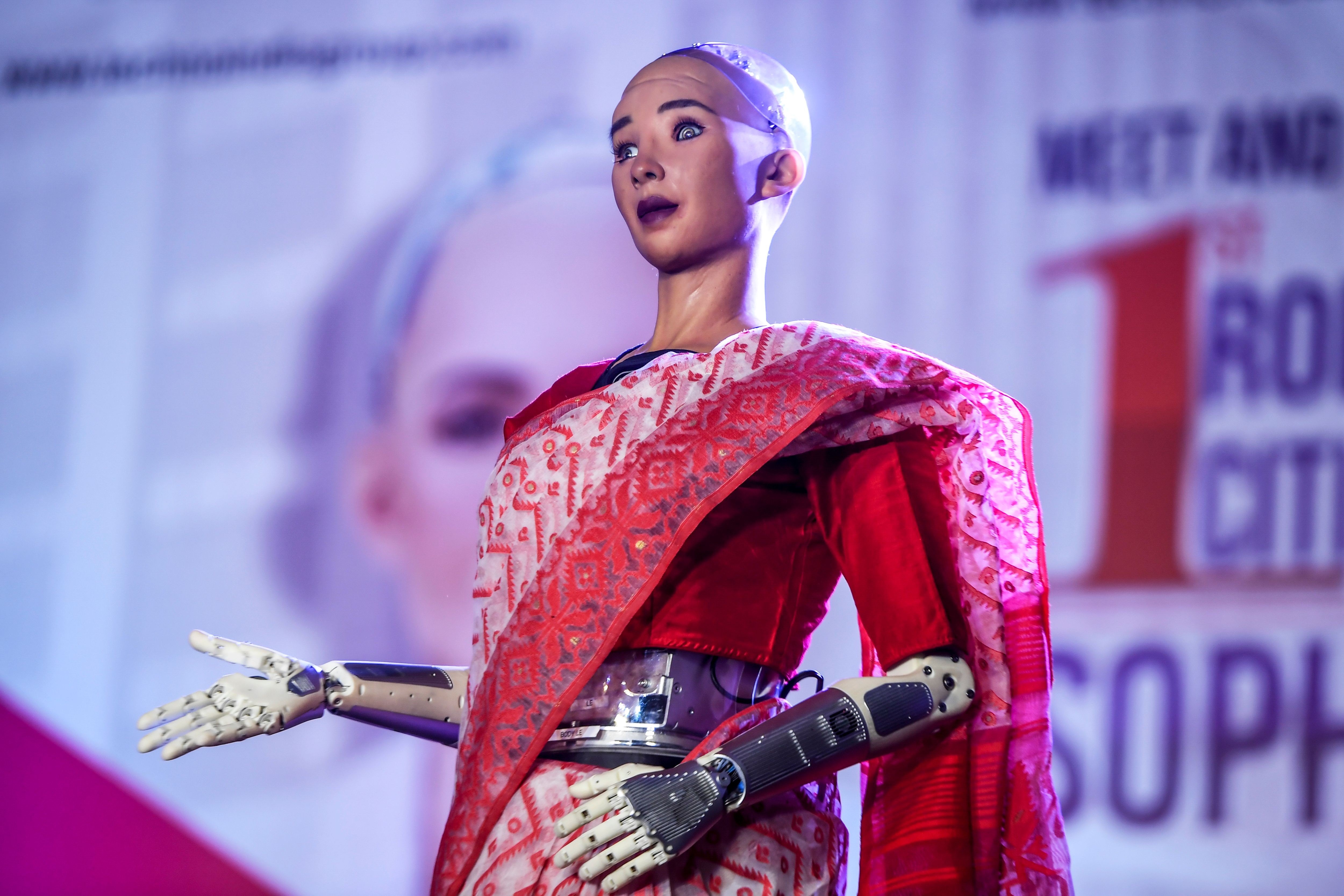The humanoid robot Sophia, developed by Hong Kong-based company Hanson Robotics, appears on stage during a meeting about artificial intelligence in Kolkata, India, on February 18. Photo: AFP
