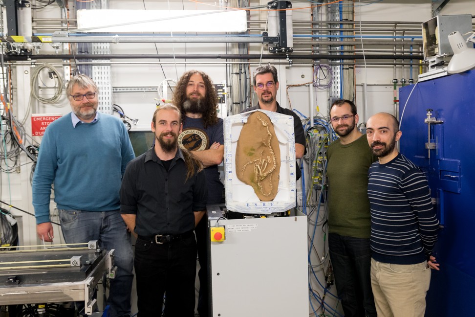 Researchers including Pascal Godefroit (far left), Paul Tafforeau (third from right) and Andrea Cau (far right) with the fossil. Photo: AFP