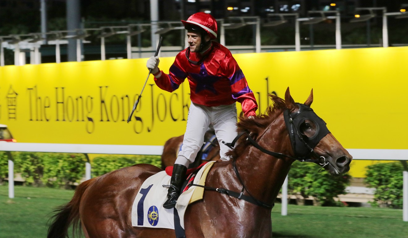 Brett Prebble wins aboard Victory Boys at Happy Valley, his last winner in Hong Kong.