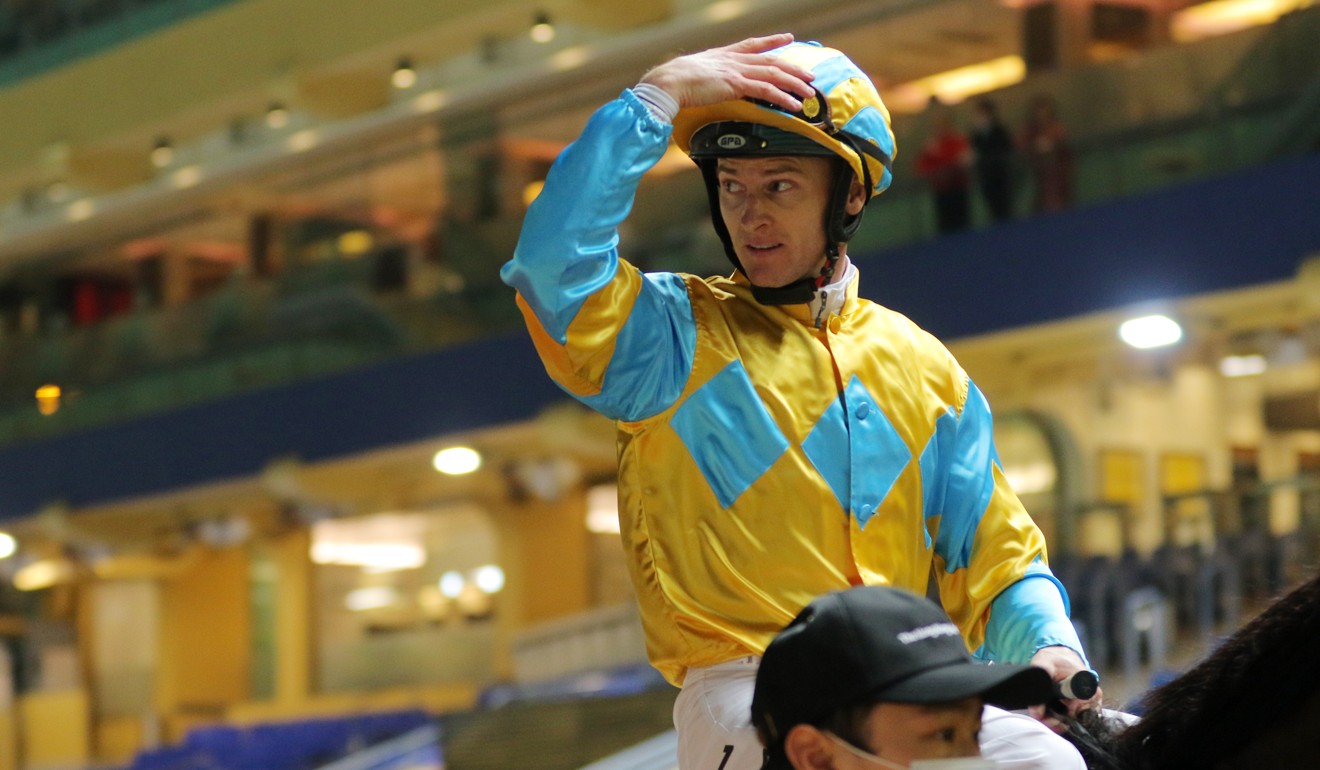 Zac Purton returns to scale after winning the second race in front of the empty stands. Photo: Handout