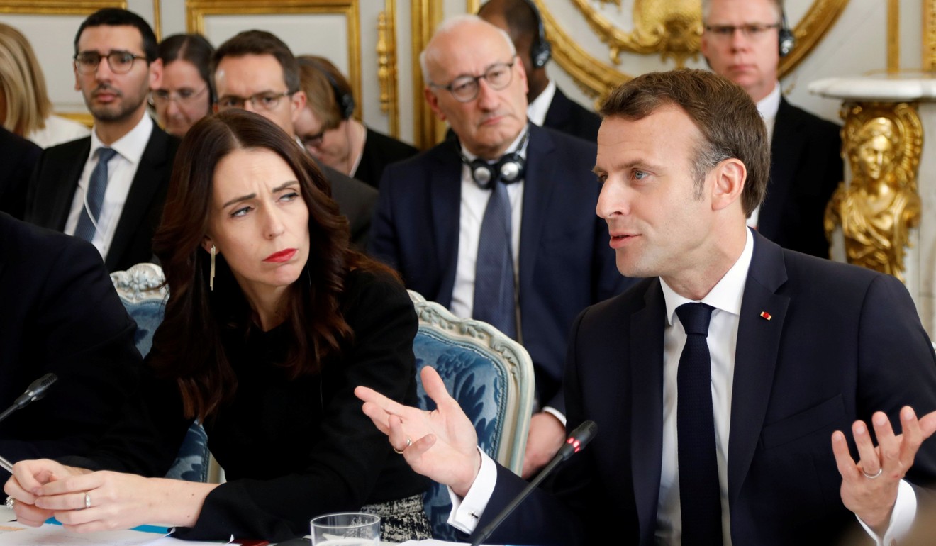 New Zealand Prime Minister Jacinda Ardern and French President Emmanuel Macron at a launch ceremony for the Christchurch Call in Paris in May 2019. File photo: AFP