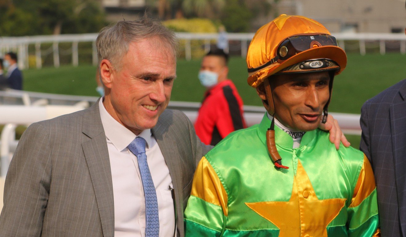 Trainer Paul O'Sullivan and jockey Karis Teetan celebrate Amazing Beats’ recent win.