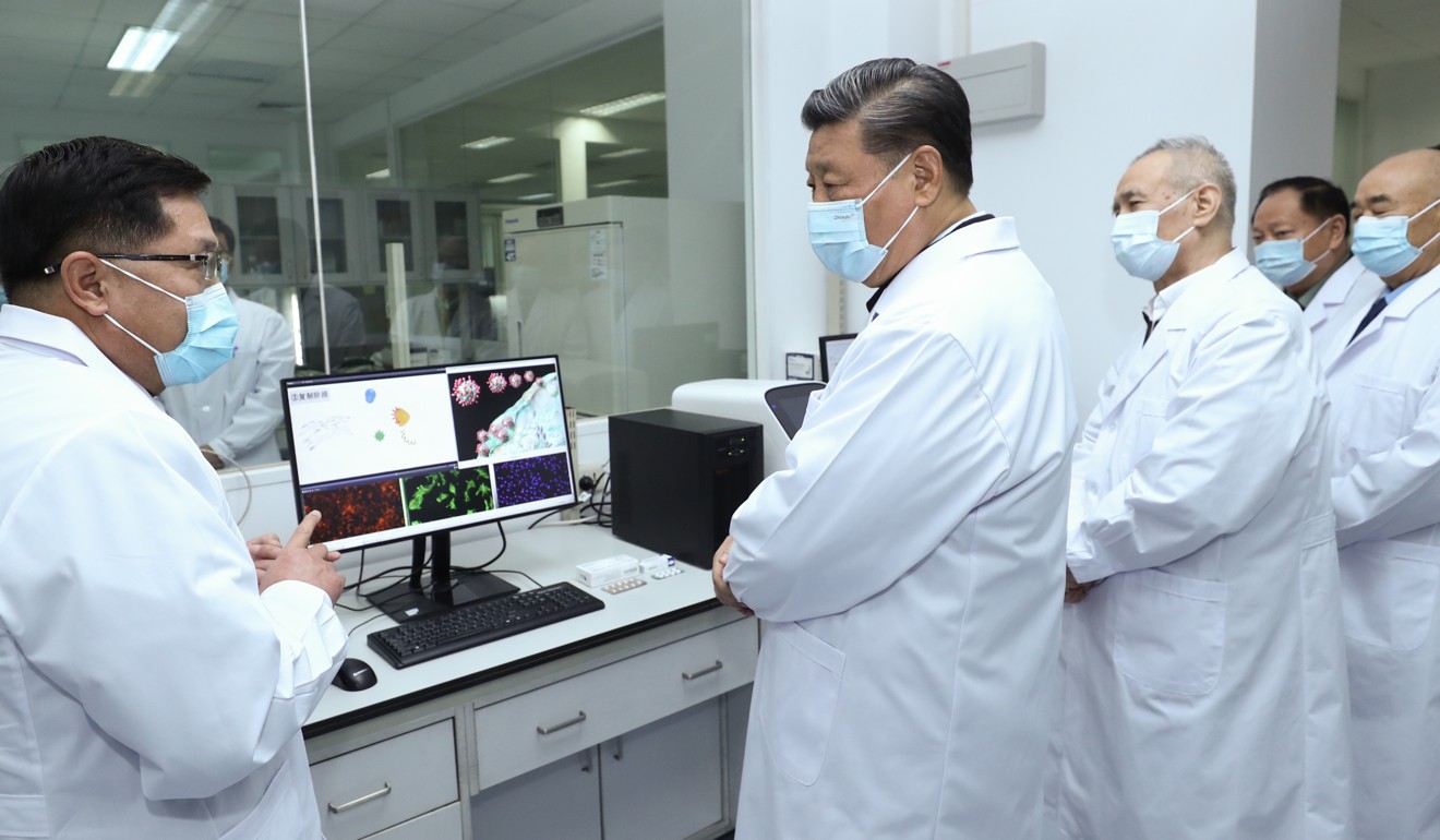 Chinese President Xi Jinping visits the Academy of Military Medical Sciences, where scientists are working on a vaccine for Covid-19. Photo: Xinhua