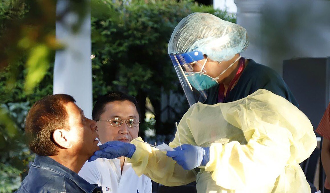 Philippine President Rodrigo Duterte undergoes testing for Covid-19, the disease caused by the coronavirus, at the Malacanang Palace, Manila. Photo: AP