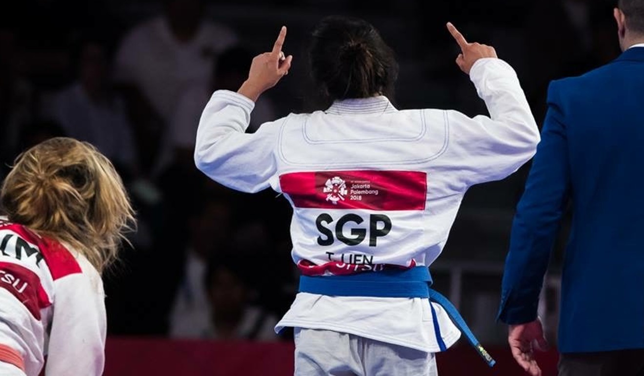 Singapore's Constance Lien wins the 2018 Asian Games women's jiu-jitsu silver medal in her weight category. Photo: Handout