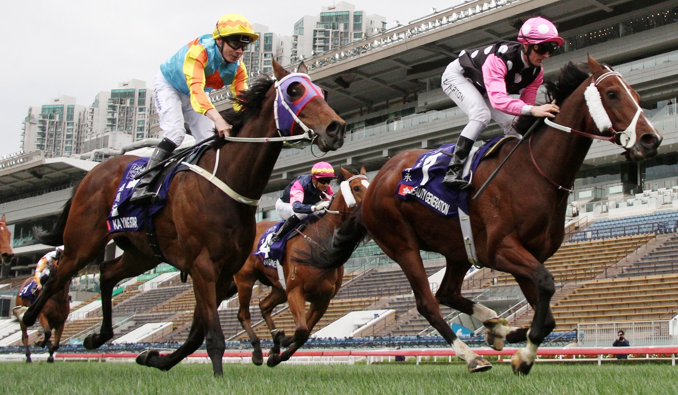 Jamie Spencer and Ka Ying Star (left) finish second to Beauty Generation in the Group One Queen’s Silver Jubilee Cup last month.