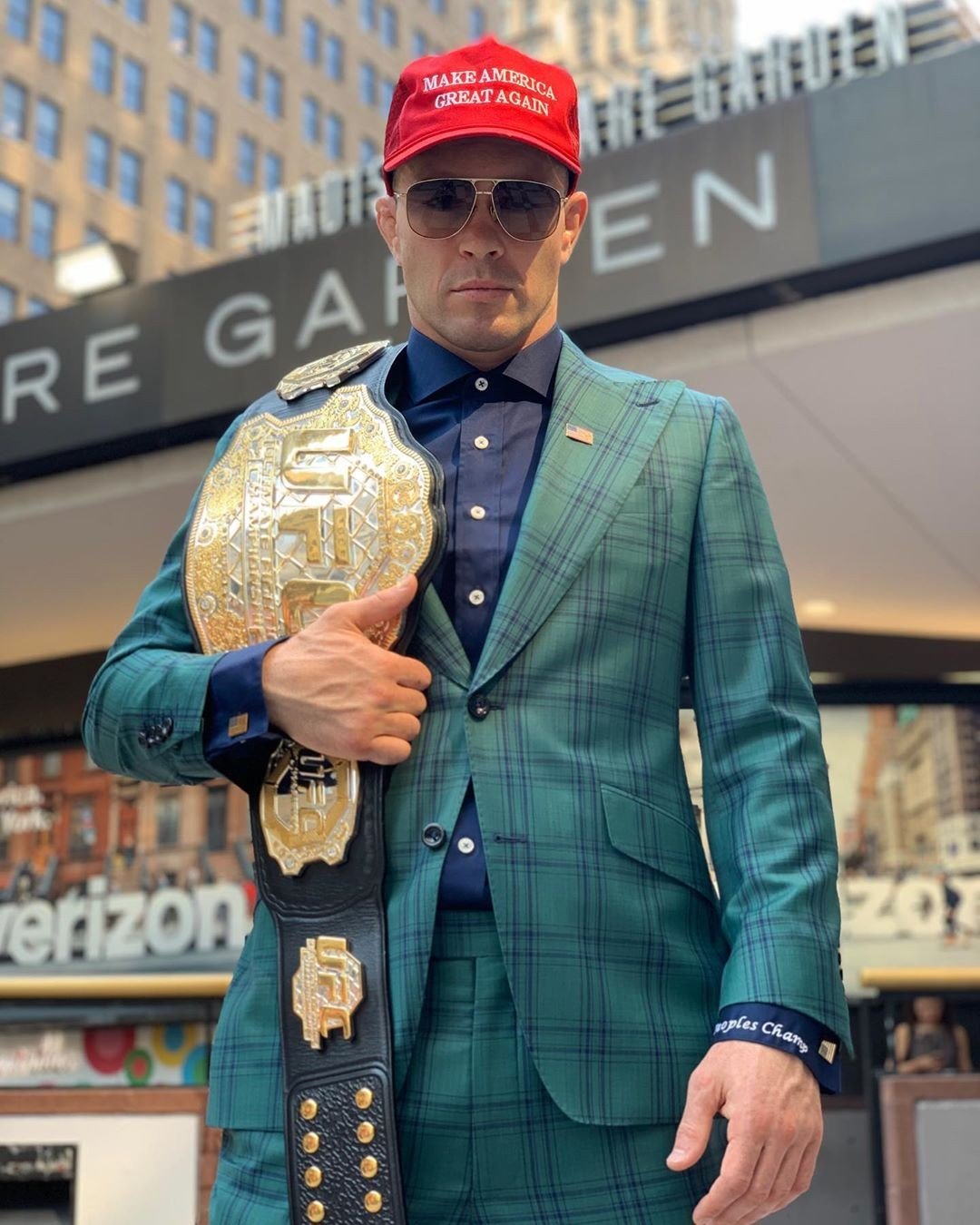 Colby Covington straps his former interim belt over his shoulder at Madison Square Garden. Photo: Instagram/@colbycovmma