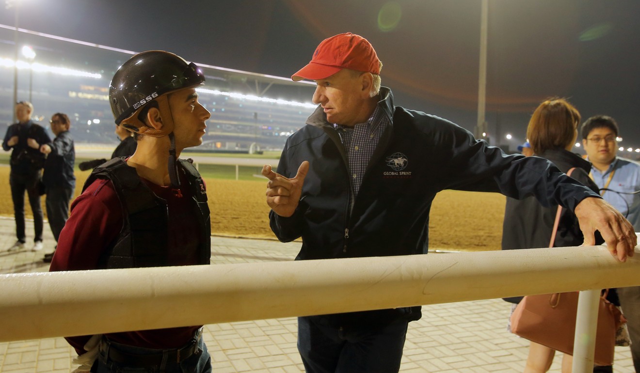 Joao Moreira with trainer Tony Millard at Meydan in 2016.