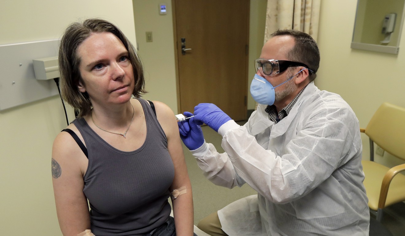 Jennifer Haller receives an injection on Monday in Seattle as part of the clinical trial. Photo: AP